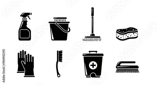 Cleaning Supplies Icons Set: Mop, Bucket, Gloves, Spray Bottle, Sponge, Brushes, Trash Can