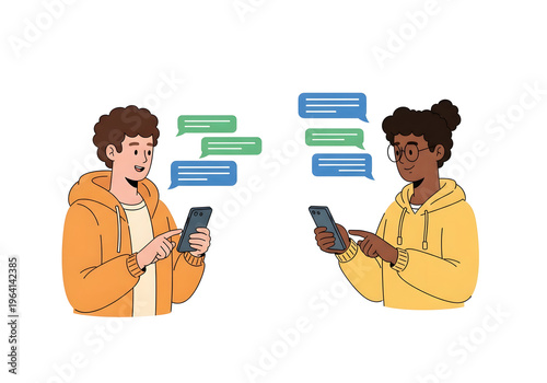 Two Young Men Chatting on Smartphones with Speech Bubbles Vector Illustration