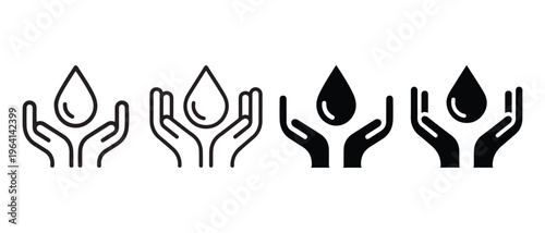 Set of four simple black and white vector icons representing clean water conservation and protection.