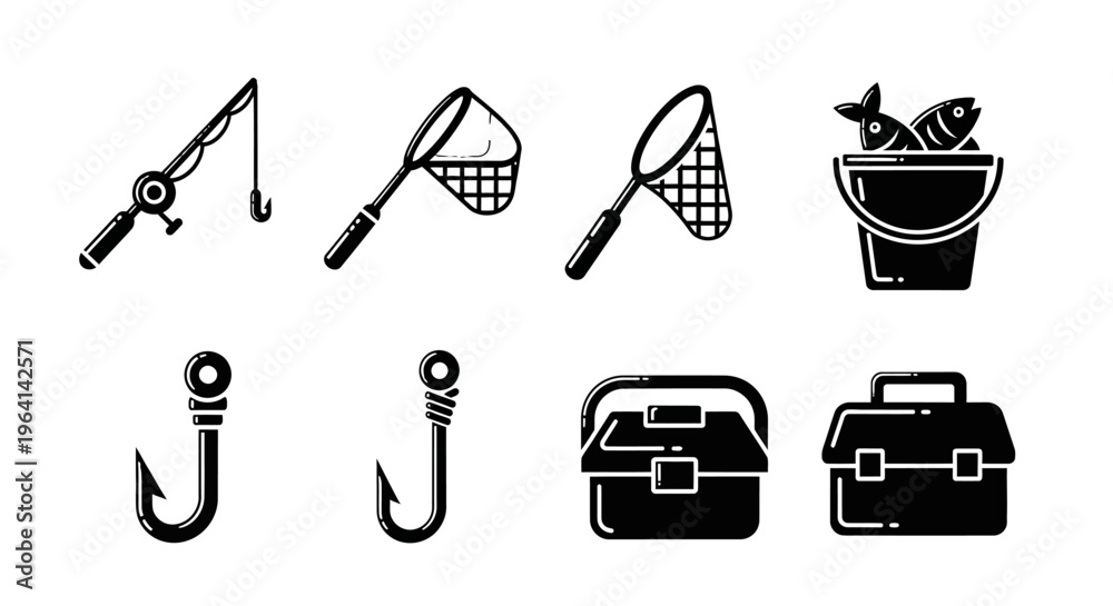 Obraz premium Fishing Gear Icons: Rod, Net, Hooks, Bucket with Fish, Tackle Box - Vector Set