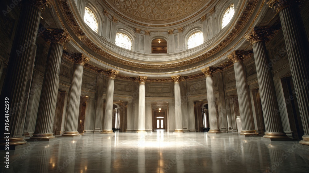 Fototapeta premium Wide Shot Captures the Interior of a Classical Courthouse Rotunda Featuring Marble Columns and a Domed Ceiling With Light Streaming Down