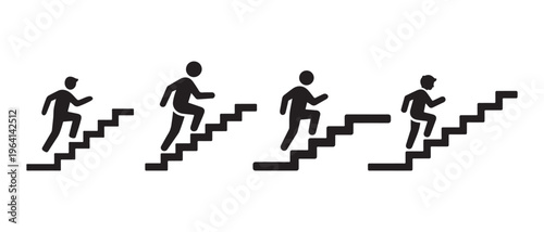 A sequence of four identical black icon figures climbing up stairs in a progression of movement.
