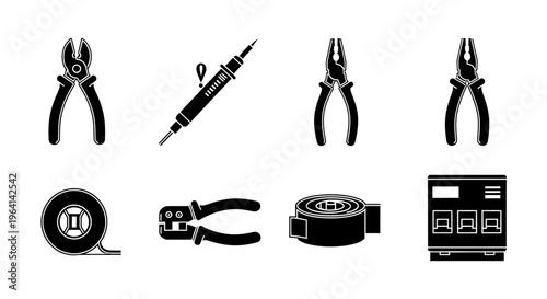 Set of Black Icons of Tools for Repair and Construction, Isolated on White Background