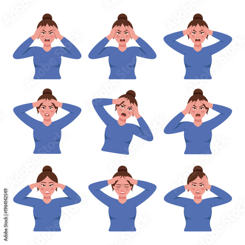 A cartoon woman displays various stressed expressions and gestures.
