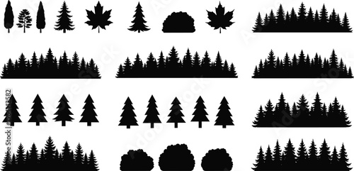 Collection of forest silhouette elements including pine trees maple leaves bushes and spruce treeline borders for nature landscape design and outdoor park graphics