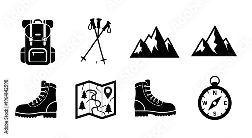 Hiking Gear Icons: Backpack, Boots, Map, Compass, Mountains, and Trekking Poles