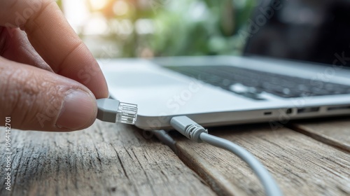 Close-up of hand connecting network ethernet cable to laptop lan port on wooden desk, concept of internet connectivity, data transfer, home office setup, and modern technology workspace