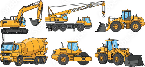 construction, machinery, vehicle, excavator, crane, bulldozer, truck, industrial, equipment, transport, engineering, yellow, vector, machine, building