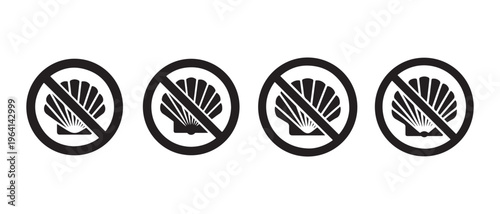 A series of four identical black prohibition symbols featuring a scallop shell icon in the center.