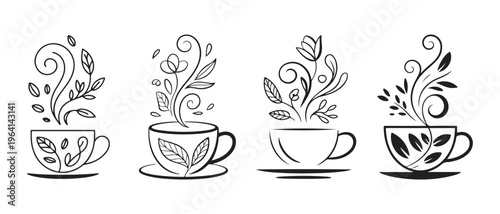 A collection of four stylized tea cup illustrations featuring delicate floral and leaf designs.
