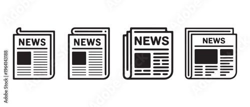 Flat design newspaper icons displaying 'NEWS' headlines and article previews, a minimalist black and white vector illustration.