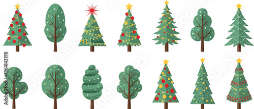 Set of flat Christmas tree vectors with festive ornaments, stars, and lights, ideal for holiday greeting cards, winter decorations, and seasonal graphic design elements.