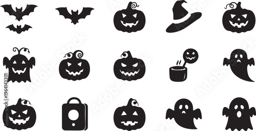 Halloween silhouette icon set, spooky black vector elements with jack-o-lantern pumpkins and ghosts, 15 festive holiday graphics for seasonal design