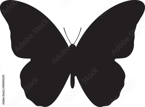Black butterfly silhouette vector icon, minimalist flying insect shape, elegant butterfly wing profile for logo design and nature branding