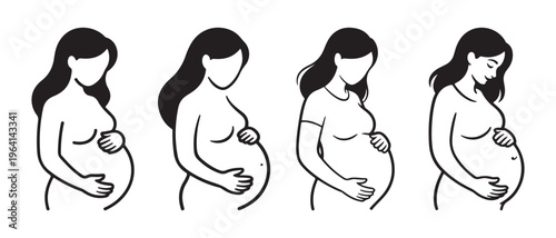 A simple black and white line art illustration showing four pregnant women in various poses.