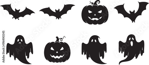 Halloween silhouette collection with 8 vector elements, spooky ghost and bat icons, carved pumpkin jack o lanterns for holiday party decor