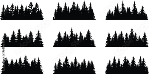 Set of nine black forest tree silhouettes featuring various pine fir and spruce tree lines for landscape borders and outdoor design projects on white.