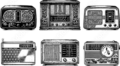 Collection of Vintage Retro Radios - Set of 6 Classic 1930s 1940s 1950s Antique Tabletop Broadcast Receivers Vector Illustration