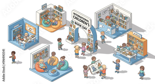 Isometric illustration of children engaging in reading activities on International Children's Book Day in a vibrant, educational setting with colorful booths and diverse kids.