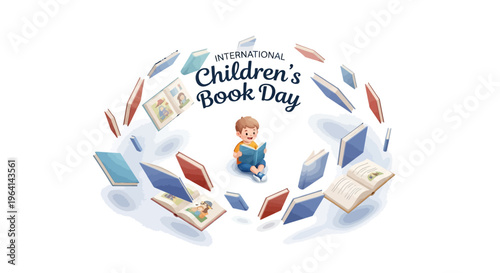 Vector illustration of a child surrounded by books on International Children's Book Day with colorful design elements.