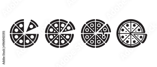 Pizza icons featuring a missing slice, rendered in a modern flat design style vector illustration.