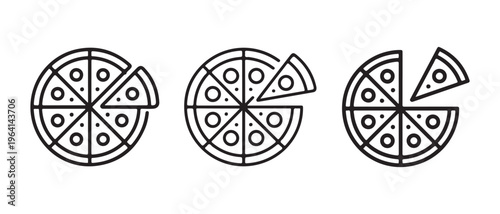 Three black and white linear icons depicting a pizza being sliced into individual serving pieces.