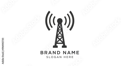 Minimalist Radio Tower Icon with Signal Waves for Communication Brand Identity.