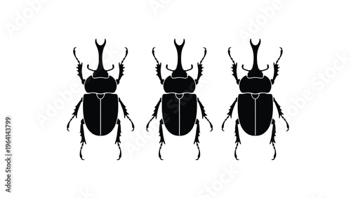 Three Black Rhinoceros Beetle Silhouettes Vector Illustration. Isolated Insect Design on White Background.
