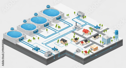 Isometric Wastewater Treatment Plant Industrial Facility Model.