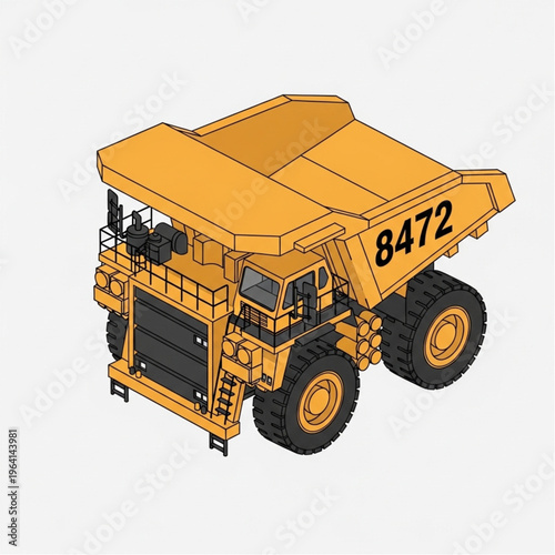 Isometric Yellow Mining Dump Truck Illustration with Number 8472.