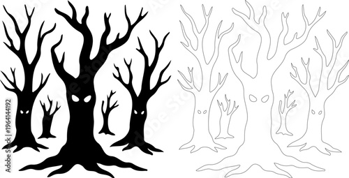 Spooky haunted tree silhouettes, scary forest vector set