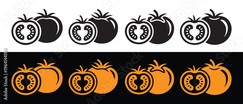 A minimalist set of tomato icons featuring whole and sliced fruits in black and orange colors.