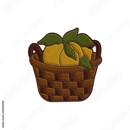 Embroidery brown woven wicker basket filled with yellow lemons with green leaves. Clipart for harvest concept, Italian projects and Mediterranean themes