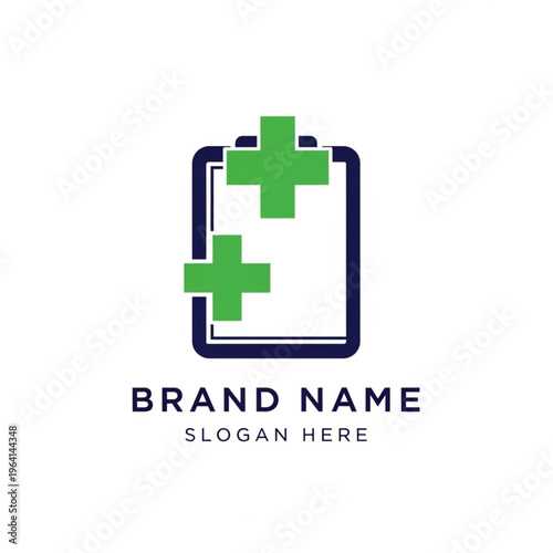 Medical clipboard logo with green crosses, symbolizing healthcare and wellness.