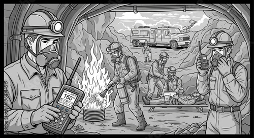 Mine Rescue Team Responding to Emergency in Underground Mine.