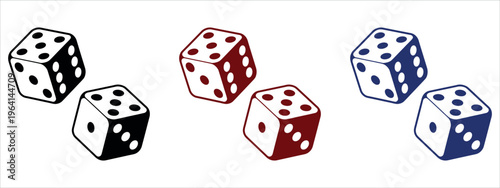 Collection of six vibrant 3D dice in red, white, and blue colors, perfect for gaming, probability, gambling, or business concepts in marketing and educational materials.
