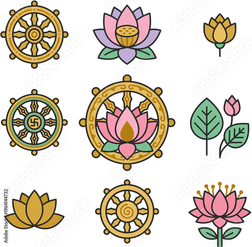 set icon lotus and dharma wheel
