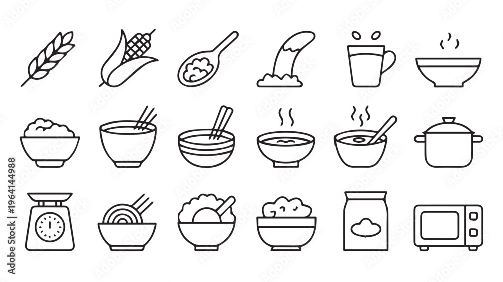 Obraz premium A Set of 20 Black and White Line Art Icons Representing Food, Grains, and Cooking Essentials for a Culinary Theme