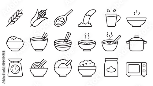 A Set of 20 Black and White Line Art Icons Representing Food, Grains, and Cooking Essentials for a Culinary Theme