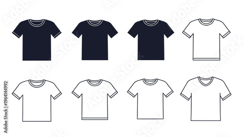 Comprehensive set of eight t-shirt icons in various styles including solid black white and outline designs for clothing retail.