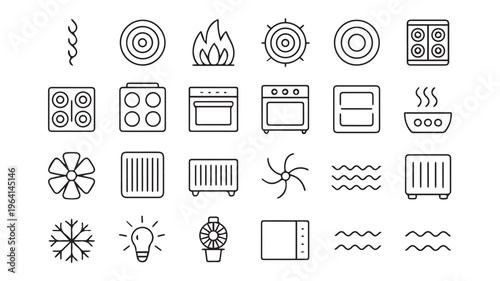 A set of 20 black and white line art icons representing kitchen appliances, heating, cooling, and cooking elements for graphic design and web applications