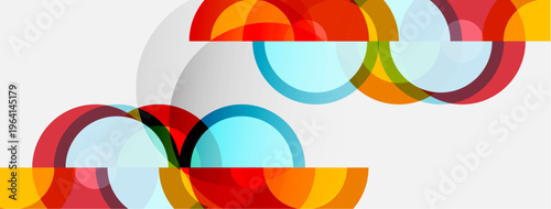 Abstract geometric shapes overlap creating colorful patterns. Circles, arcs, transparency define modern design elements. Bright hues dominate composition.