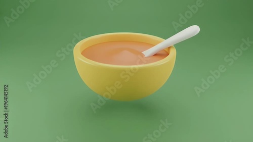 Minimalist 3D Render of an Empty Yellow Bowl with Spoon on Green Background