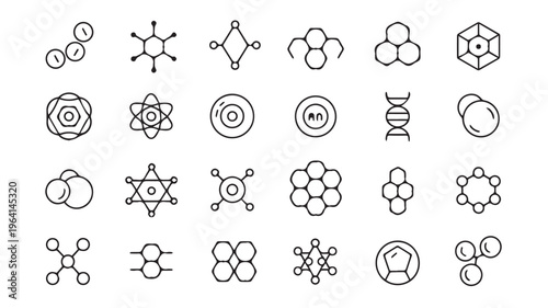 Minimalist black line art icons of molecular structures and scientific concepts for education, chemistry, and technology projects
