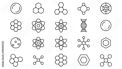 A versatile collection of 20 abstract line art symbols representing molecular structures, atomic models, and scientific concepts in a clean, modern vector style