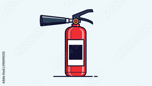 Isolated flat illustration of a red portable fire extinguisher with a black hose and nozzle on a light blue background.