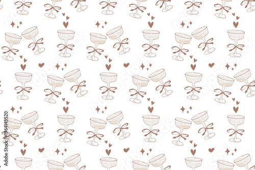 Whimsical monochrome design with refreshing beverages, fruit and ribbons. Seamless cocktail pattern perfect for valentine, wedding and party graphics.