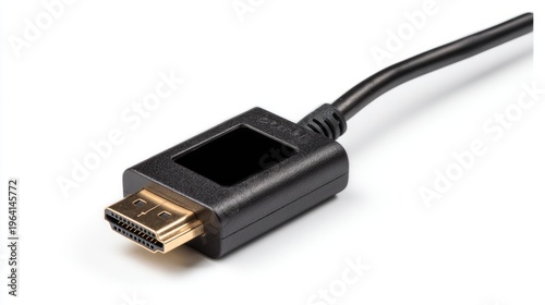 DisplayPort to HDMI adapter converter cable for connecting laptop or desktop computer to monitor, TV or projector, modern video signal conversion accessory, clean isolated white background, close up v