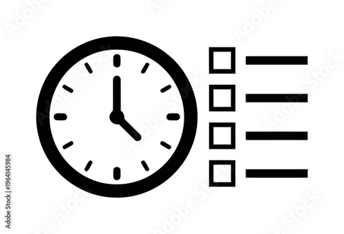 Clock and checklist icon representing time management | Black flat vector illustration of schedule planning and task deadlines
