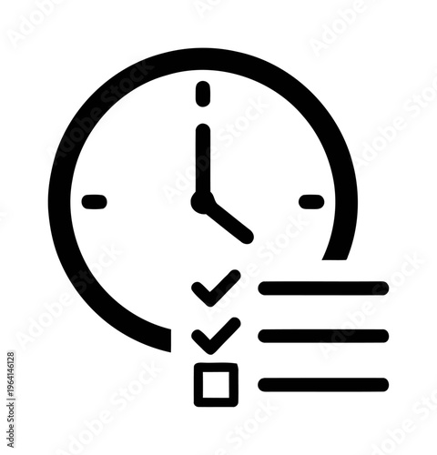 Clock and checklist icon representing time management | Black flat vector illustration of task deadlines and schedule planning